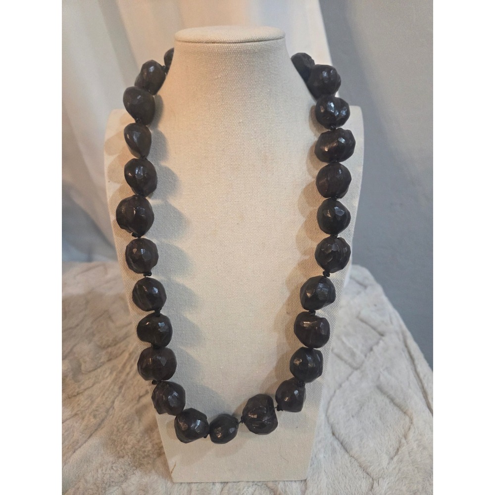 Vintage Hawaiian Kukui Nut Lei Necklace Faceted Dark Brown Polished Chunky Boho